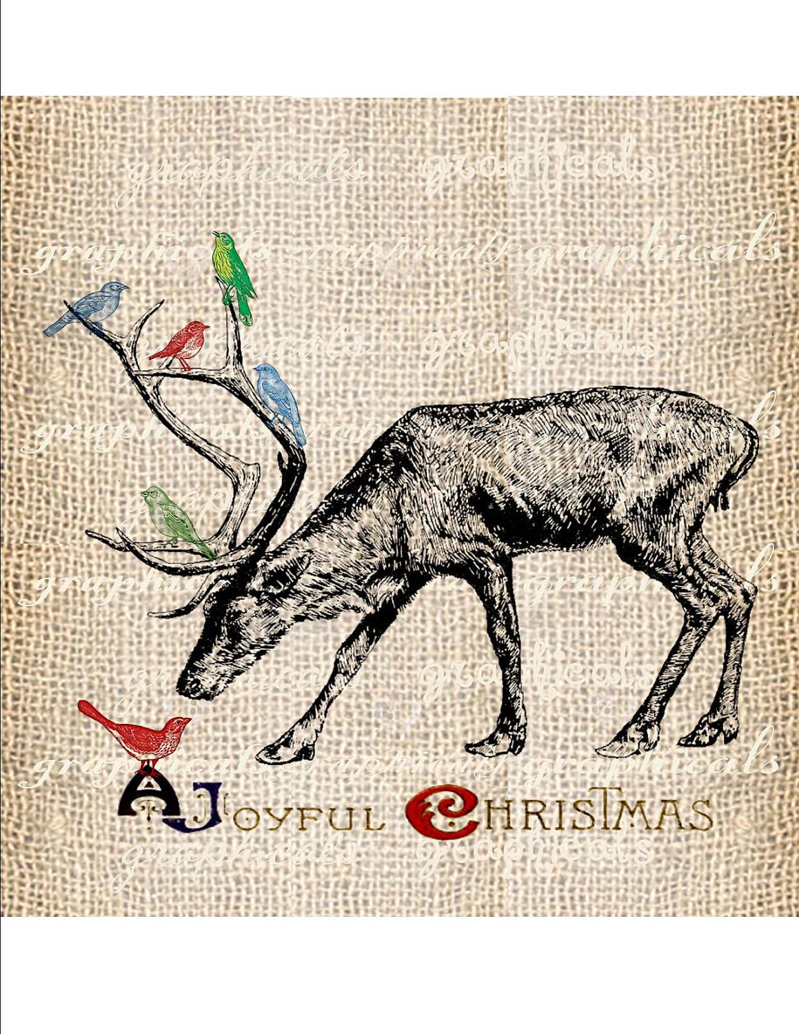 Christmas digital download image Vintage reindeer birds antlers transfer to fabric or papercraft tote bags pillows cards and more