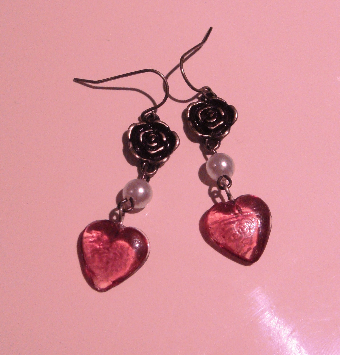 Beauty and the Beast: fairytale earrings with rose charms, faux pearls and glass hearts