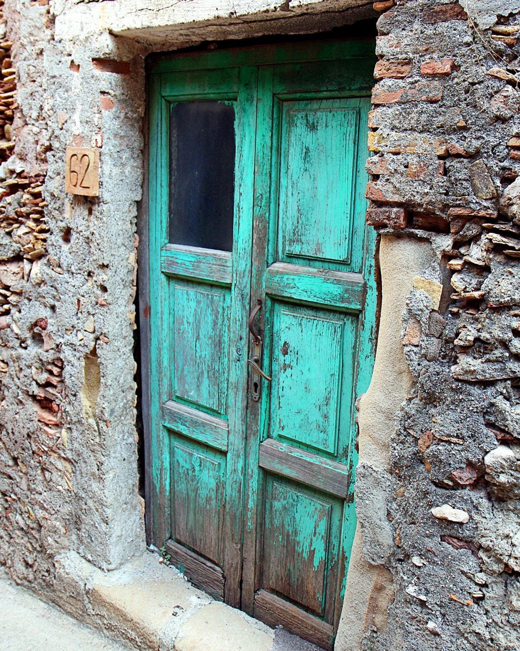 Aqua Door Photo - Sicily Italy Photograph - Old Blue Door Photography - Rustic Turquoise Decor -  Brick Stone Wood - Natural Farmhouse Decor