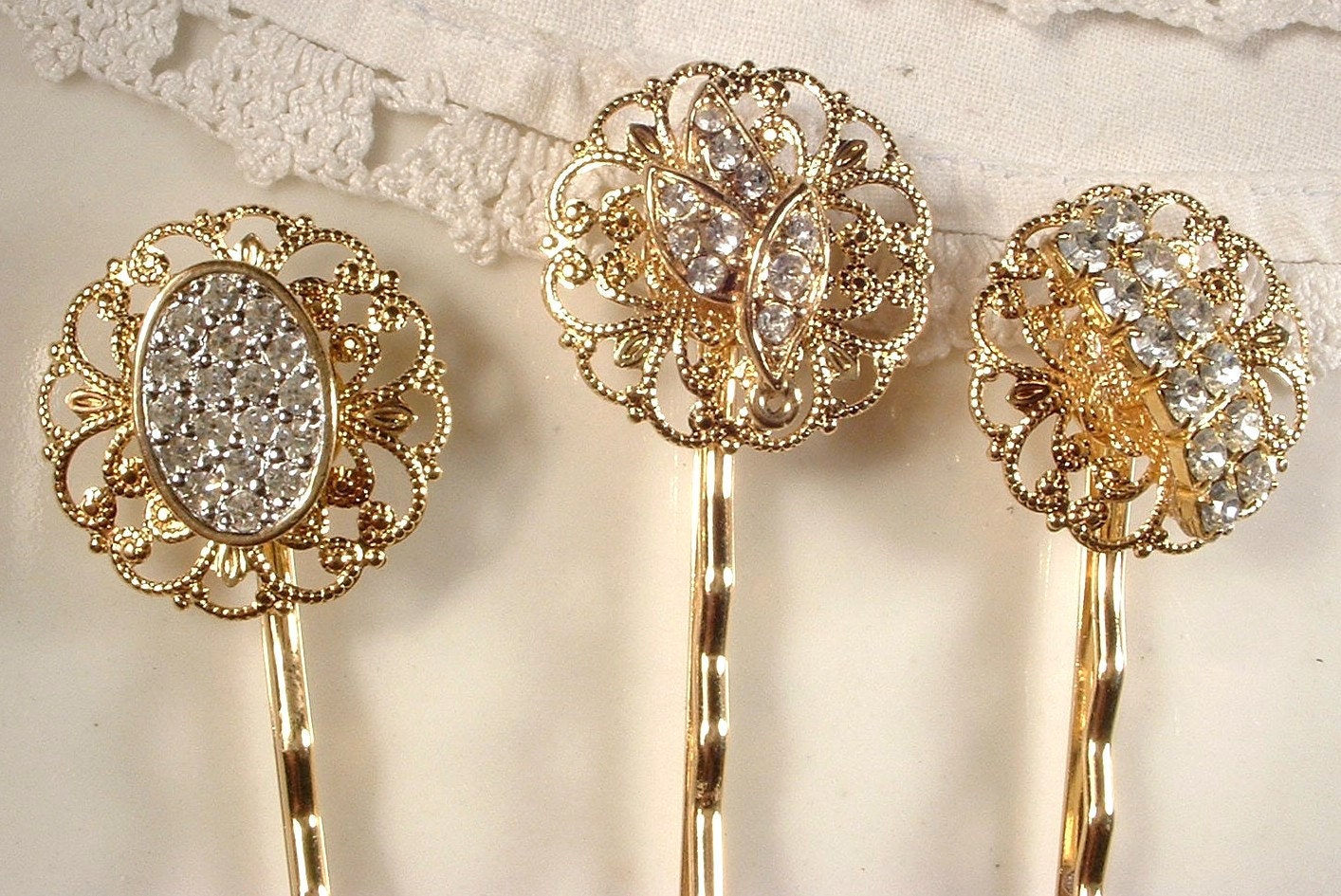 Vintage Gold Rhinestone Jeweled Bridal Hair Pins - 22K Gold Heirloom Jeweled Hair Clips Set of 3 Bobby Pins