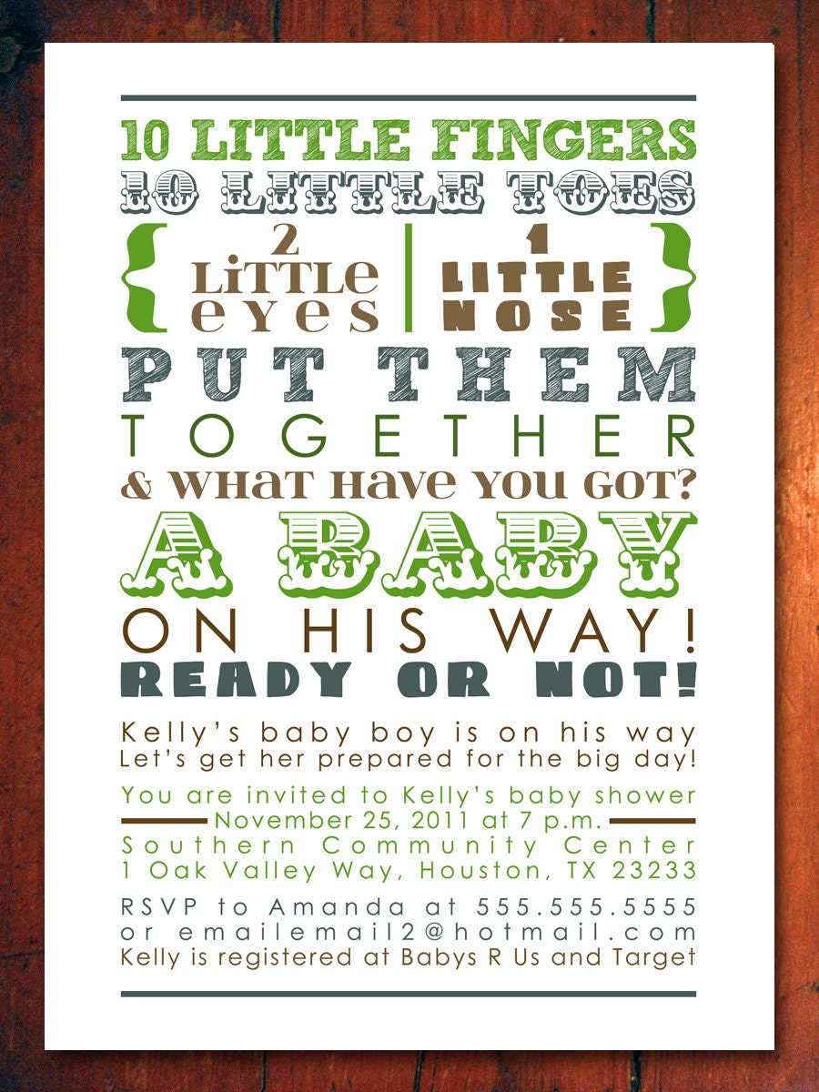 Baby Boy Shower Invitation - blue brown green words, boy boyish (DIY Printable Digital File OR Printed Cards)