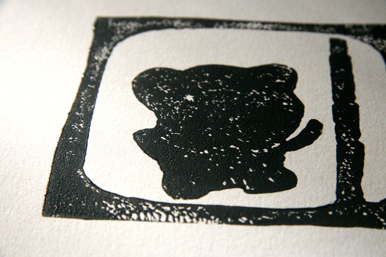 Lino Block Print - The Giant Panda or the black and white cat-foot - typography Archival Art Print