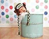 Newborn Off White, Sage & Brown Sock Monkey Earflap Hat - Photography Prop