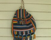 VINTAGE ethnic woven backpack- blanket back pack bag stripe fringe big