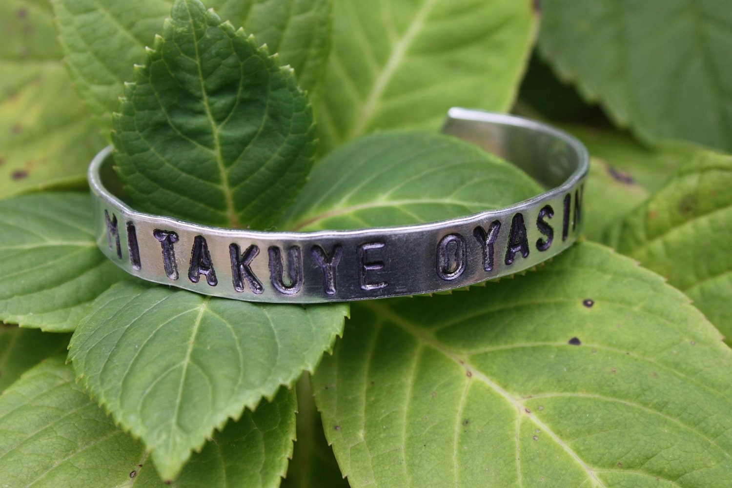 MITAKUYE OYASIN We Are All Related Lakota Phrase Hand Stamped Metal Cuff Bracelet OOAK
