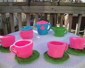 Hand Knit Tea Set Childrens Toy Knitted Pink Blue Green Acrylic MADE TO ORDER