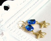 Blue Azure Rhinestone and Golden Starfish Earrings Bridal Wedding Jewelry