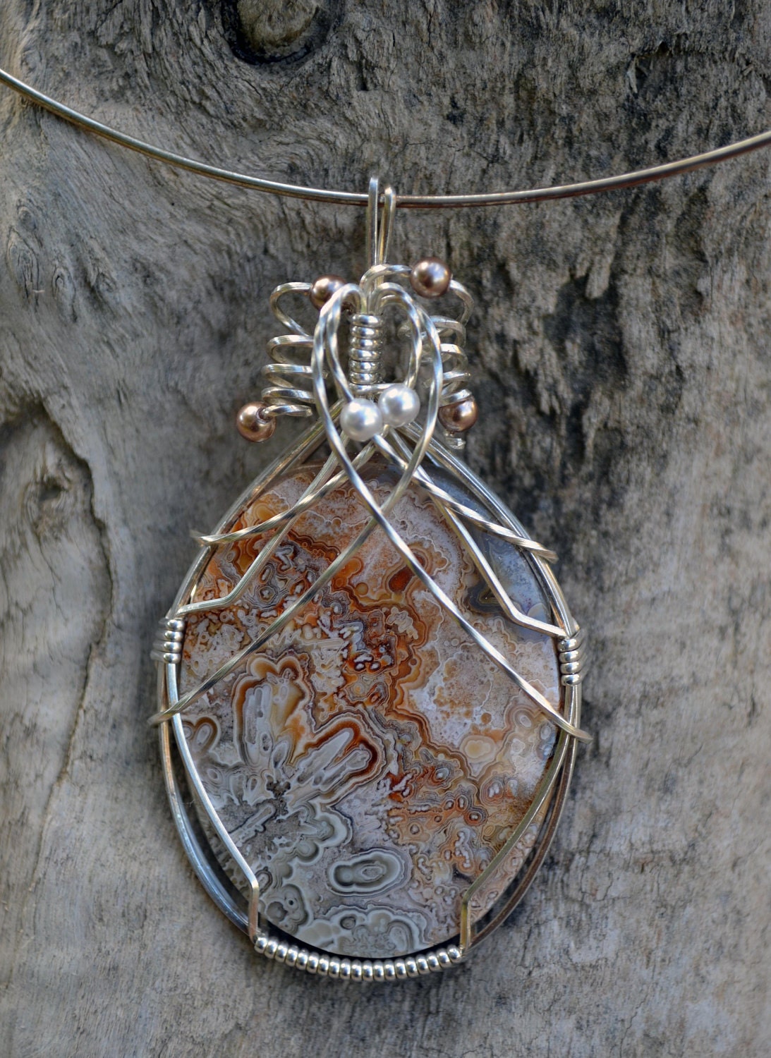 Crazy Lace Pendant Wire Wrapped in Sterling Silver