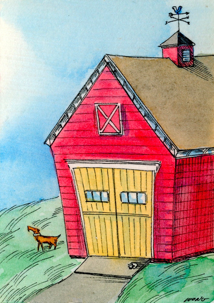 Original ACEO Painting -- Red Barn