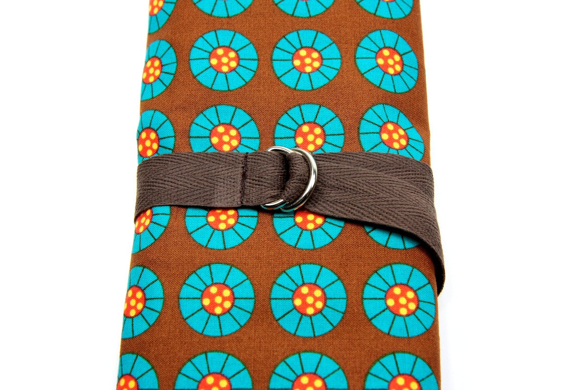Short Knitting Needle Organizer Case - ON the BANDWAGON - 24 brown pockets