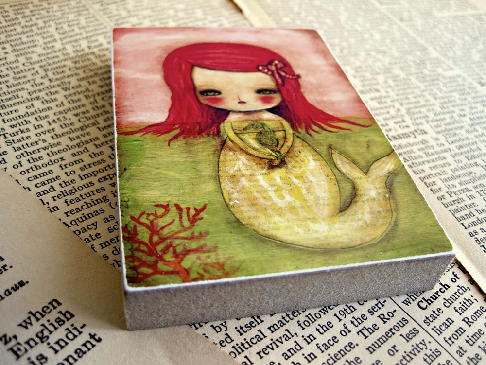 Seahorse and mermaid- ACEO Giclee Reproduction Mounted On Wood Block by Danita Art (2.5  x 3.5 Inches Print)