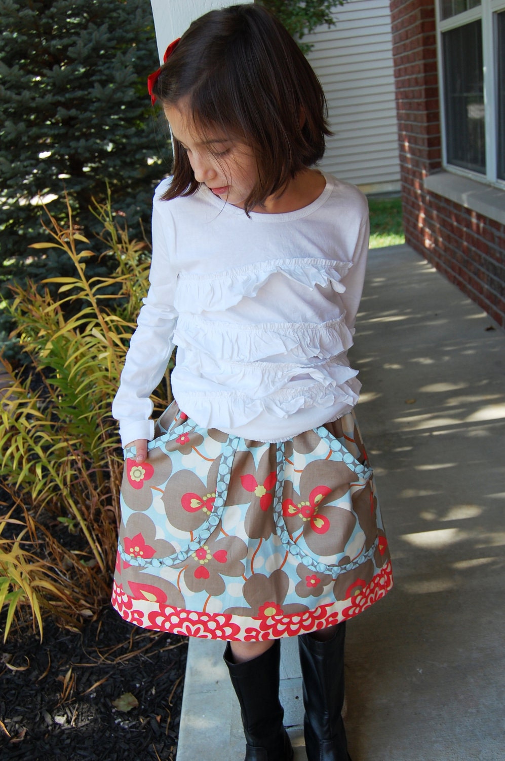 Morning Glory Linen Red Blue Grey Modern Girls Pocket Skirt Fall Winter 0-6 months thru 5  6 10 available Amy Butler