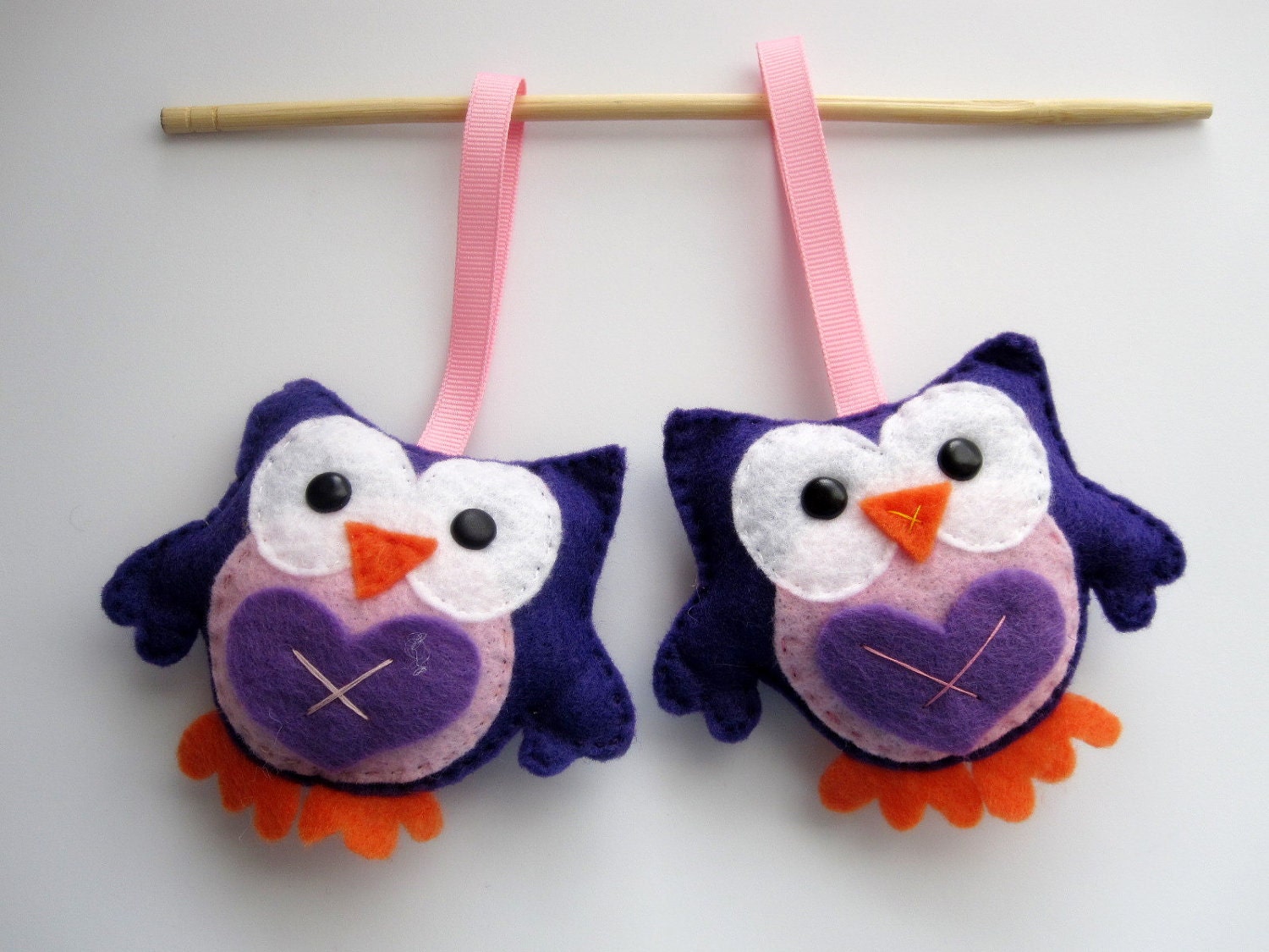 2  Christmas Ornaments, 2 adorable purple and pink Ecofriendly Felt owls, Stocking stuffers