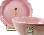 Baby's First Bowl and Plate Set - Baby Shower Gift - Bunny and Carrot - Handmade Ceramic Stoneware Clay Pottery - Ready to Ship