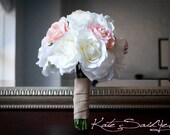 Silk Wedding Bouquet - White and Pink Burlap Rose Silk Wedding Bouquet - Rustic Bridal Bouquet