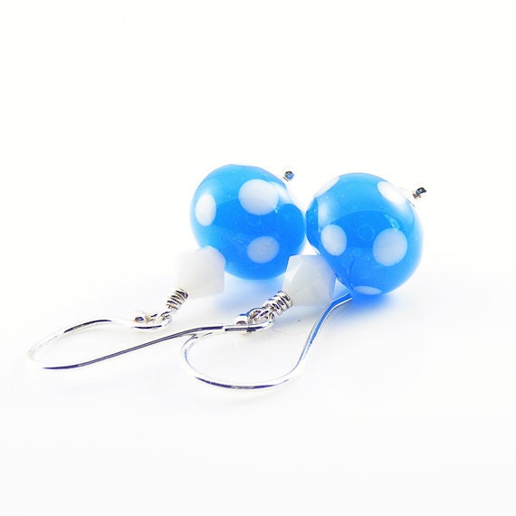 Polka Dot Earrings. Sky blue with white spots. Handcrafted sterling silver & artisan lampwork glass