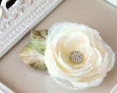 Wedding Hairpiece Off White Bridal Special Occasion Fascinator with Rhinestone Center and Green Velvet Leaves