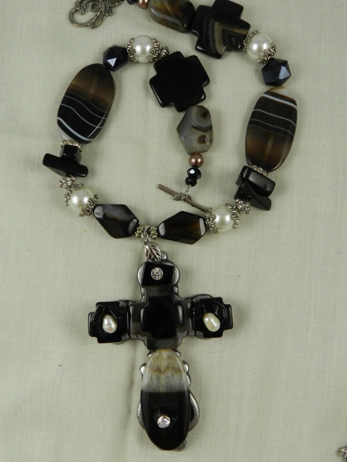 Chunky Handmade Cross Necklace Black Agate Pearl