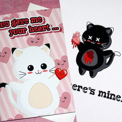 Funny Valentine Card - Creepy Valentine - Kawaii Valentine - Anatomical Heart - Kawaii Kitty Cats - Weird Valentine - Bloody Valentine