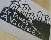 Linocut Nursery Art - It Takes A Village - 4 x 6 Image Size