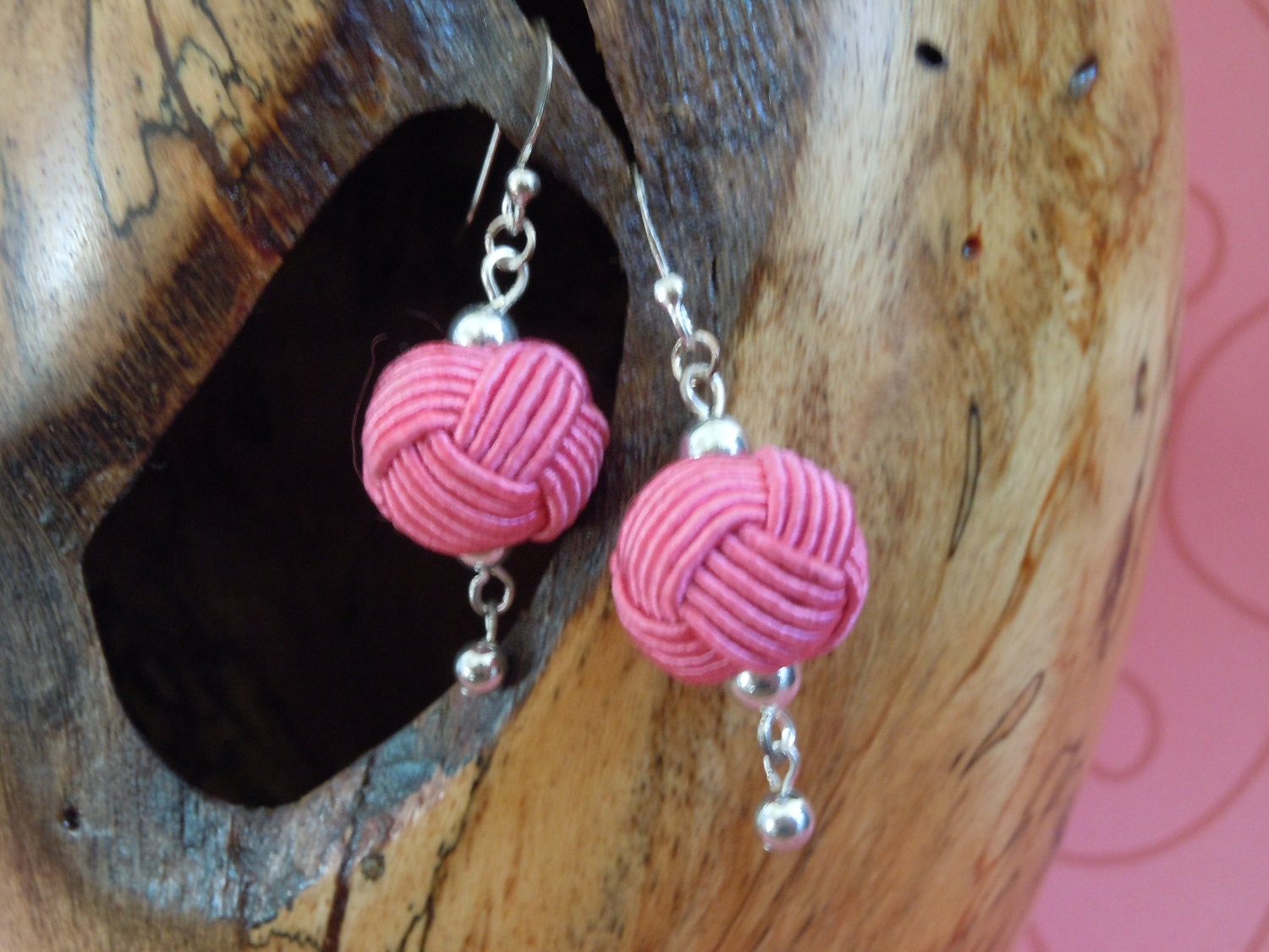 Pink Woven Bead Sterling Silver Earrings