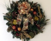 Holiday Wreath - Ornamental Fruits and Gilded Bow