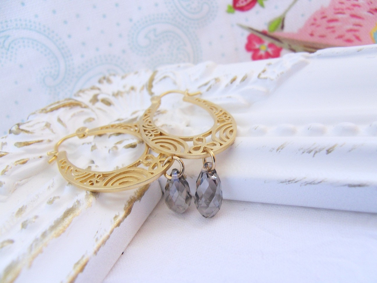 Golden Filigree Earring with Grey Swarovski Crystal Tear Drop