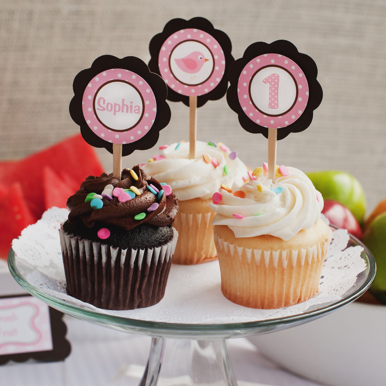 Little Birdie Cupcake Toppers, Happy Birthday Party Decorations in Pink and Brown