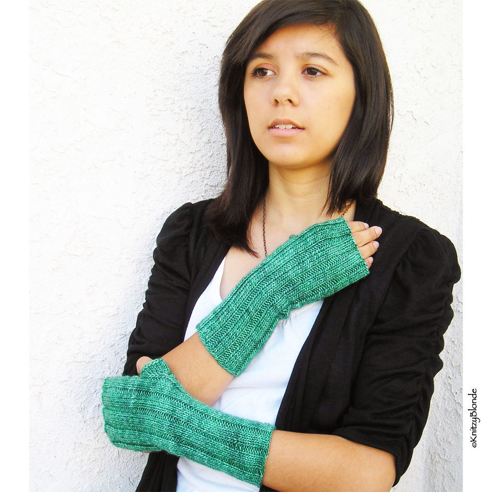 Fingerless Gloves, Hand Knit, Hand Dyed Merino Wool, Malachite Green Arm Hand Warmers