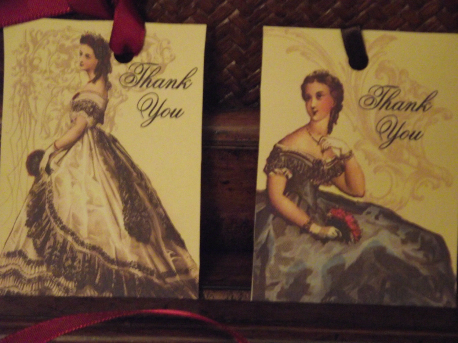 Thank  You  And  Merci  Gift  Cards  With  Burgundy  Ribbon
