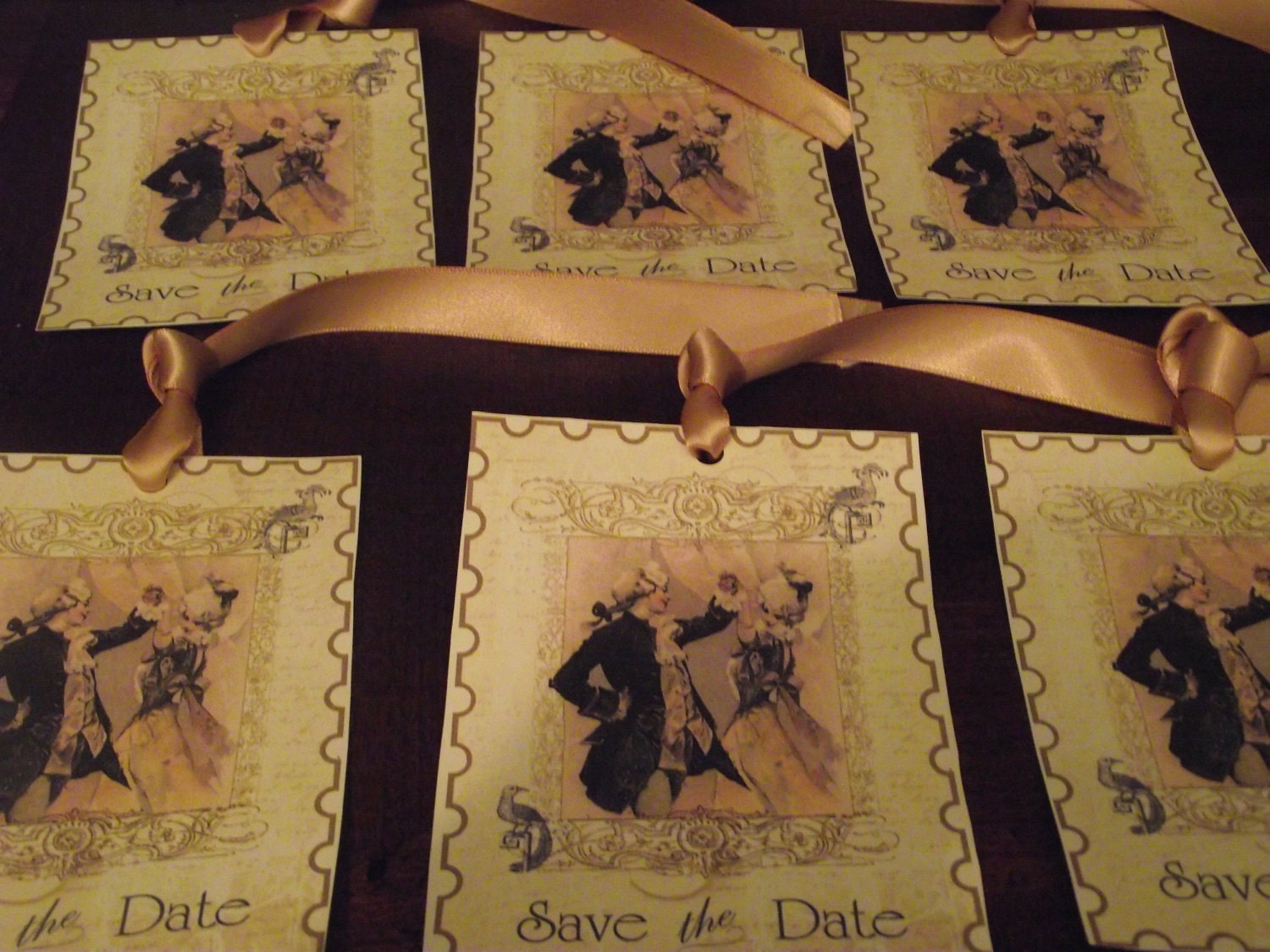 A-6  Save  The  Date  Vintage  Gift   Tags  With  Gold  Ribbon