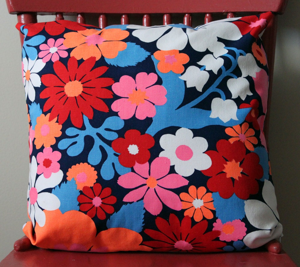 ON SALE Vintage Mod Flowers Cotton Fabric Pillow Cover 16" Eco Friendly
