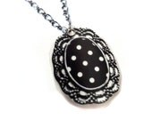 Black & White Polka Dot Necklace, Handmade Plastic Filigree Pendant on a Silver Chain