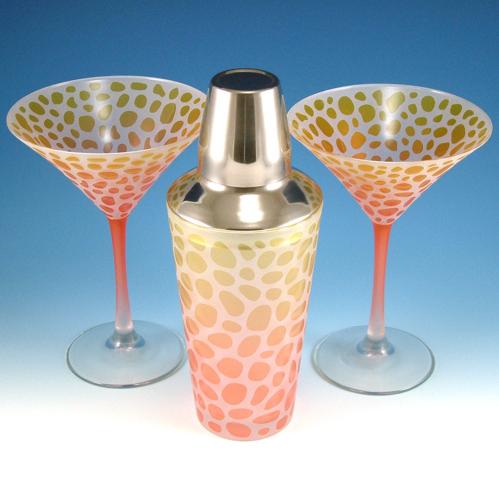 Frosted Martinis and Shaker - River Rocks - Yellow and Orange Painted 3 pc set