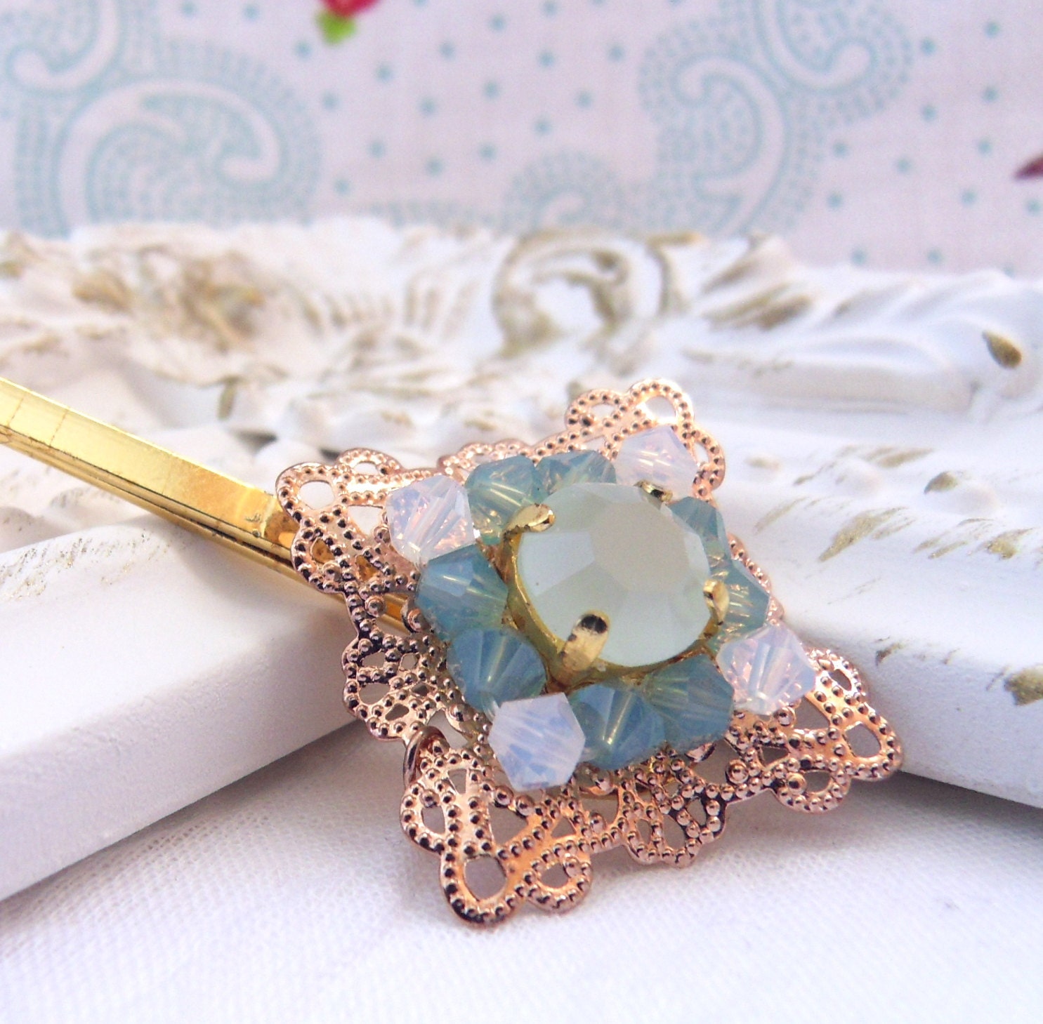 Bridal Pacific Opal Swarovski on Pink Golden Filigree - Hair Bobby Pin