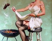 Free US shipping Handprinted Cotton Art Reprodn Applique Vintage Sexy Pin-up Girl Gil Elvgren "A lot of steak" , 1955