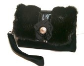 Wristlet in Black Microsuede with Faux Fur