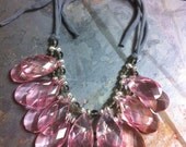 Crystal Briolette Bib Necklace Jersey Tie Stormy Seas Anthropologie Inspired Necklace, Pink Princess