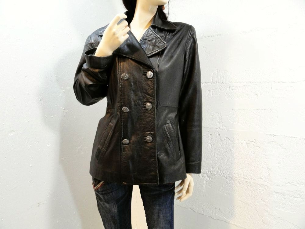 80s Leather Jacket / Vintage 1980s Pea Jacket / m
