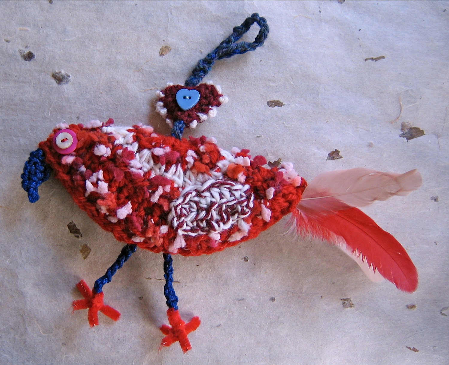 Hand Crocheted Fluffy Red Bird Ornament with Feathers