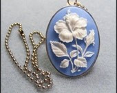 Hibiscus Cameo Necklace, Silver Ball Chain, White and Blue 18 Inches