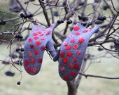 Winter berries --- felted wool mittens gray with red polka dot spotted silk handmade to order