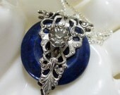 Filigree and Blue Pendant Necklace - Lapis Lazuli and Crystal