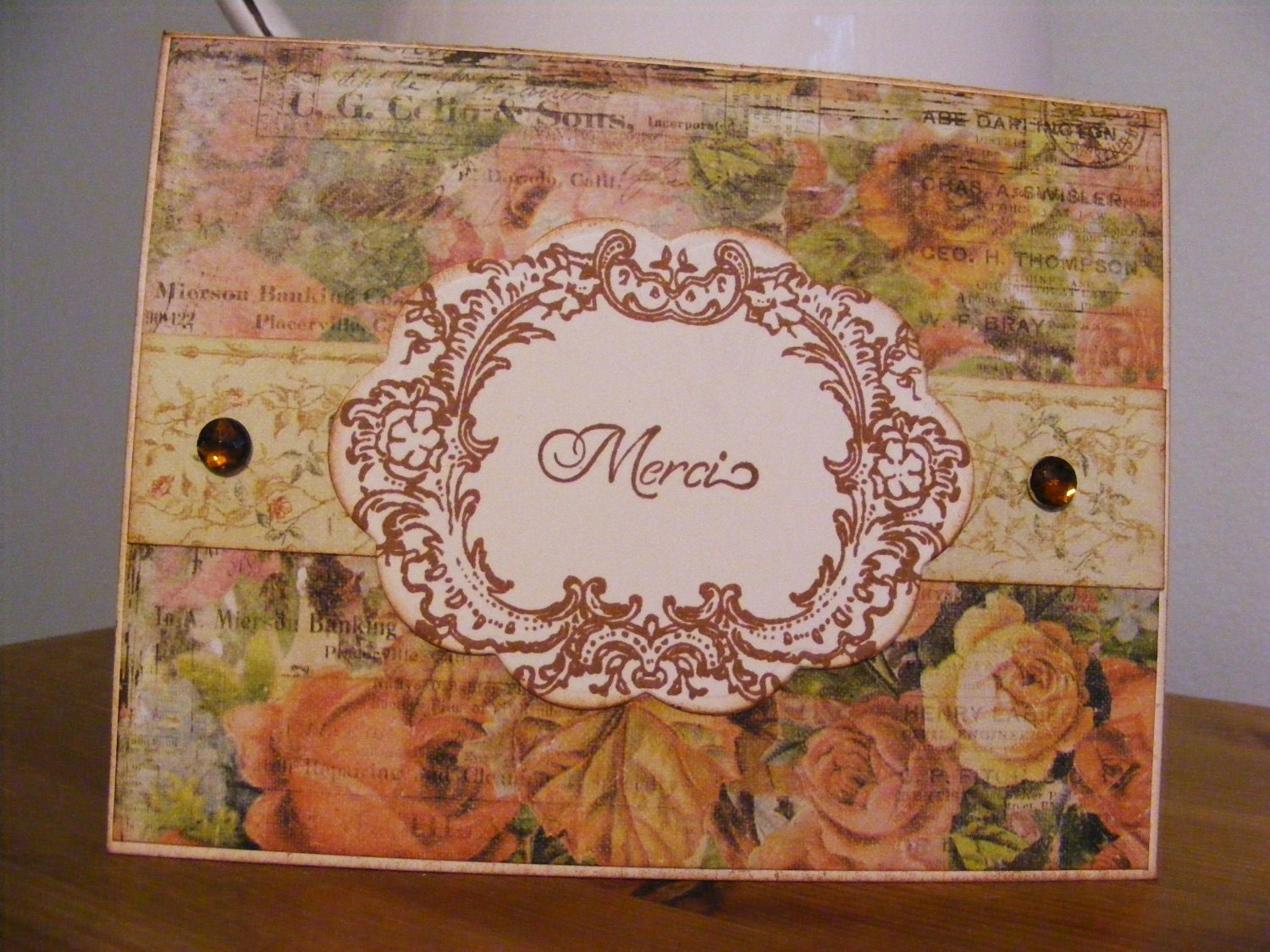 Handmade Stamped Merci Thank You Vintage Style Cabbage Rose Greeting Card