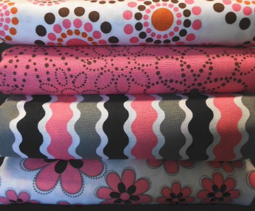 Mod Pinks Fat Quarter Fabric Bundle - Flowers, Circle Dots, Ric Rac Stripes by SEW FUN QUILTS