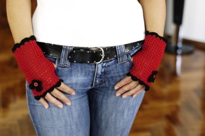 SALE - Red Fingerless, Gloves, With Black Lace Edge,  for gift  Red and Black Christmas Cyber Monday