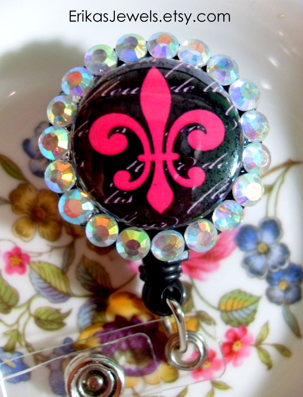 Pink fluer de lis with black background ID Badge Holder