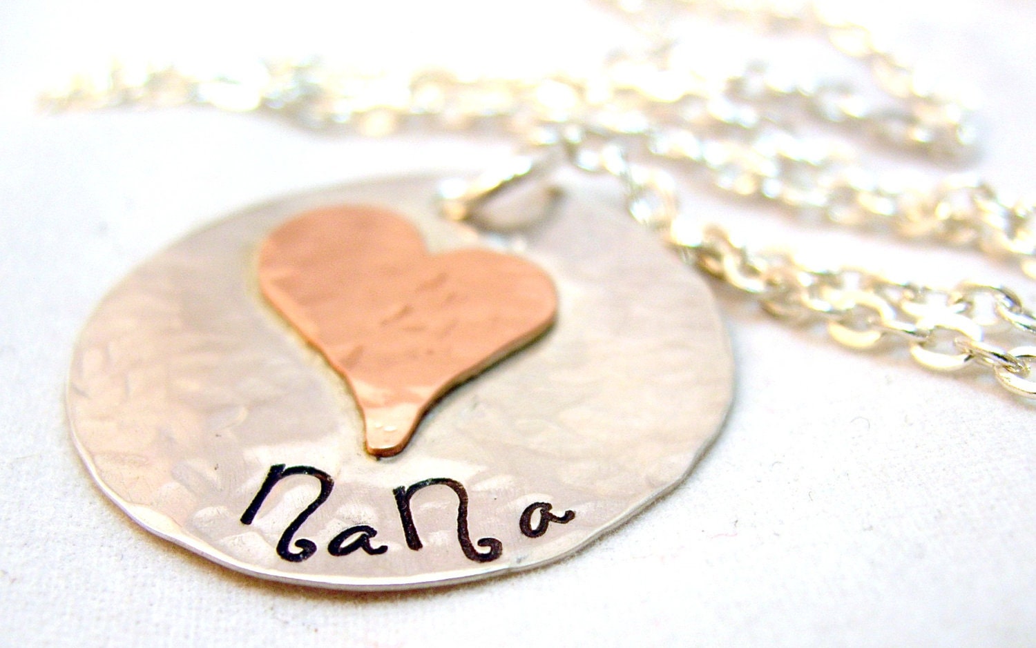 Nana - Sterling Silver disc - Soldered small Artsy heart - Handstamped Mommy Necklace - Custom handstamped necklace - Cable chain