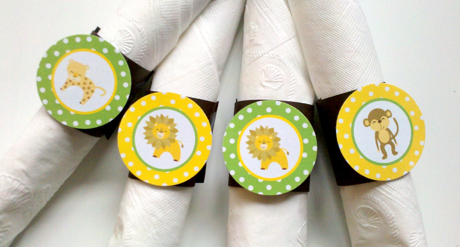 Safari Birthday Party - Napkin Rings - Silverware Wraps - King of the Jungle Party Decorations in Green, Brown & Yellow (12)