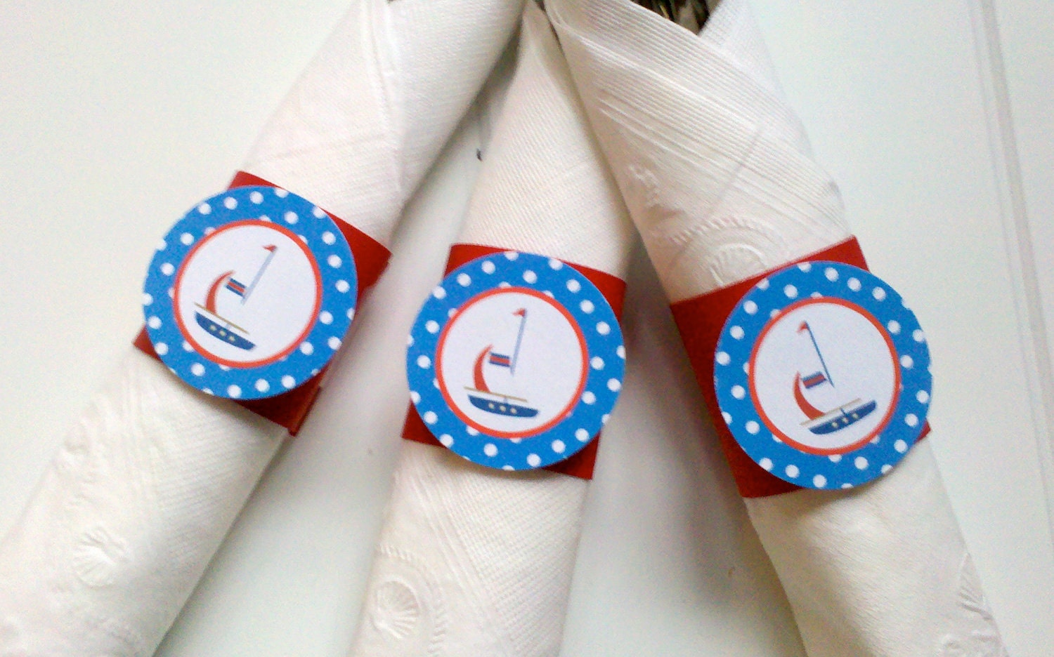 Sailboat Theme Birthday Party - Napkin Rings - Silverware Wraps - Party Decorations in Red & Blue (12)